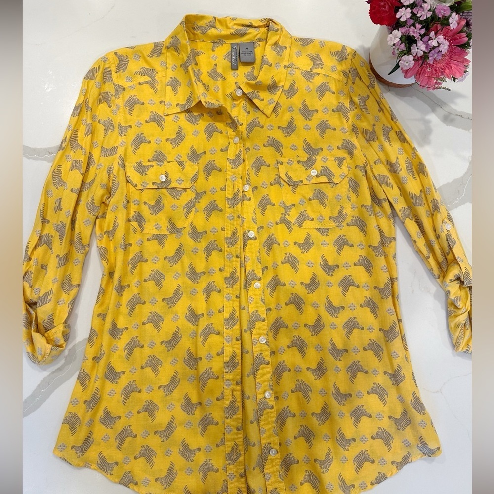 New directions yellow zebra button down blouse
